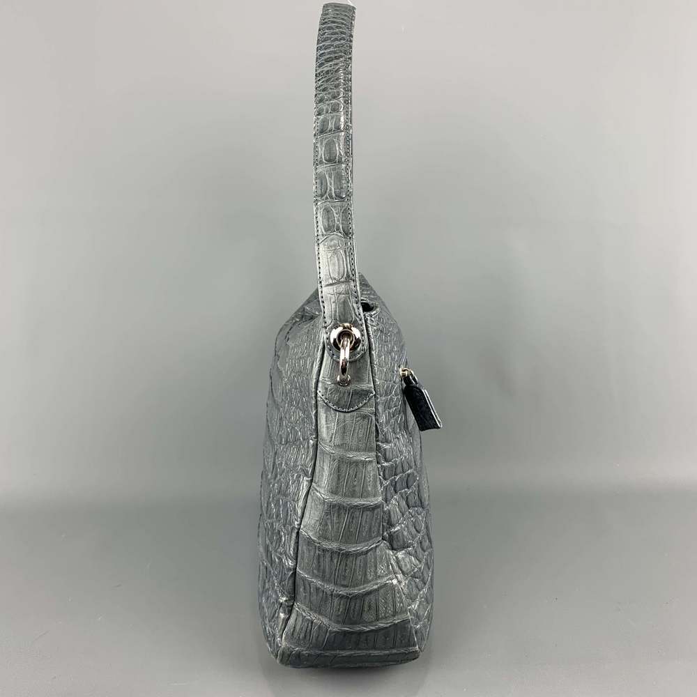 Muted Blue Grey Crocodile Skin Leather Top Handle Handbag - Picture 7 of 11